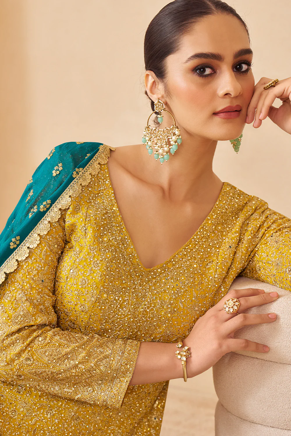 Mustard Georgette Zari And Sequins Embroidered Suit With Embroidered Palazzo - Image 3