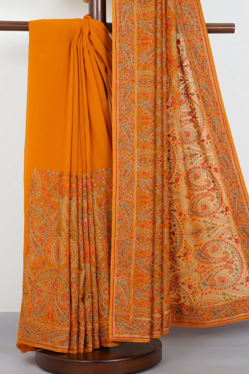 Mustard Georggette Resham Embroidered And Swaroski Work Saree - Image 2
