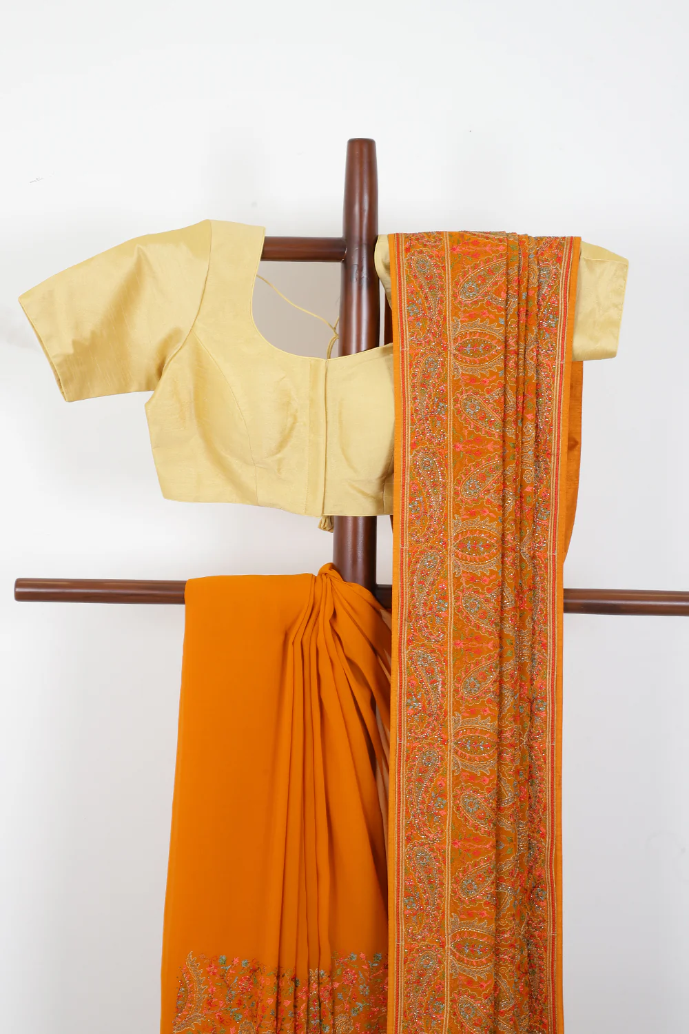 Mustard Georggette Resham Embroidered And Swaroski Work Saree - Image 3