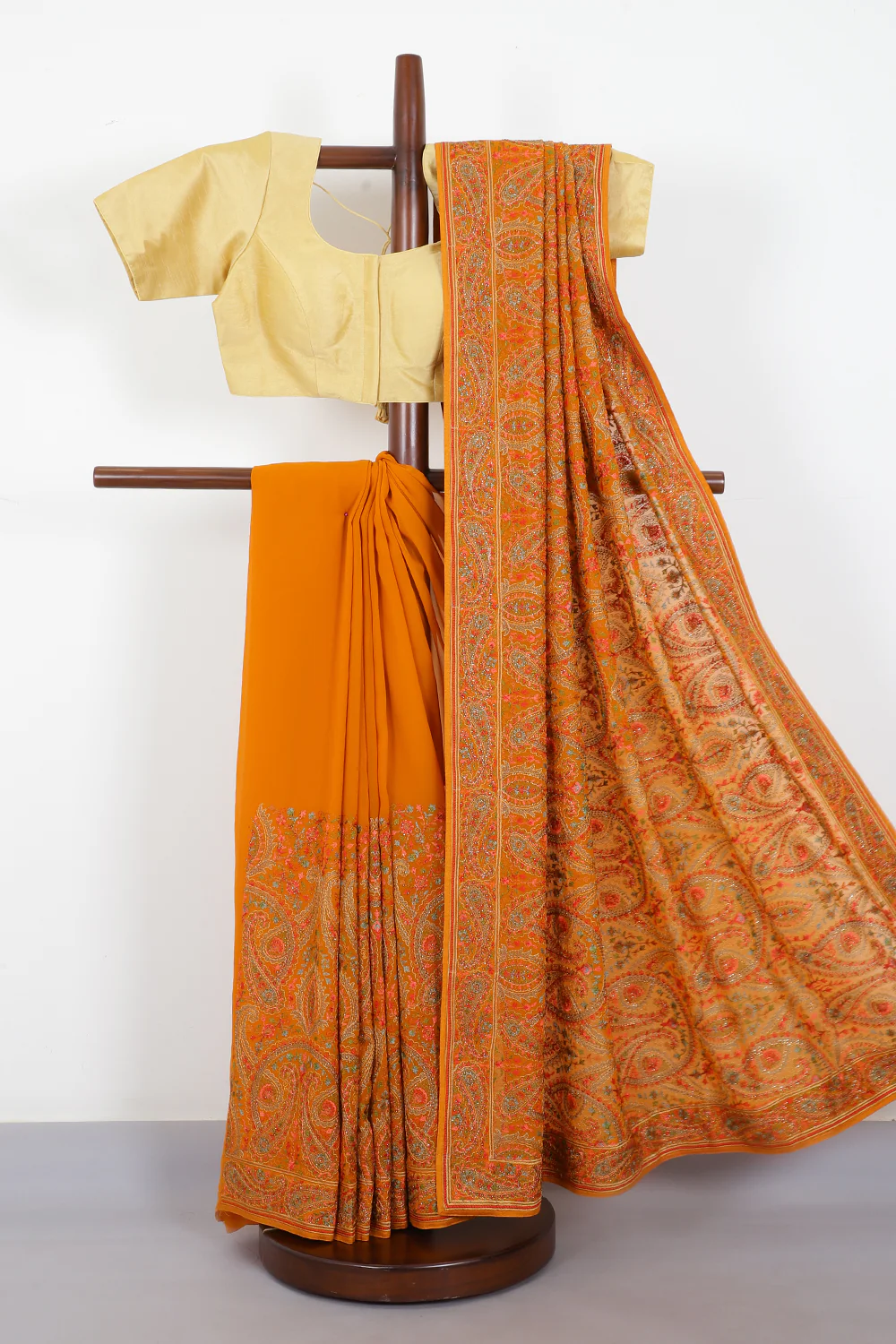 Mustard Georggette Resham Embroidered And Swaroski Work Saree - Image 4
