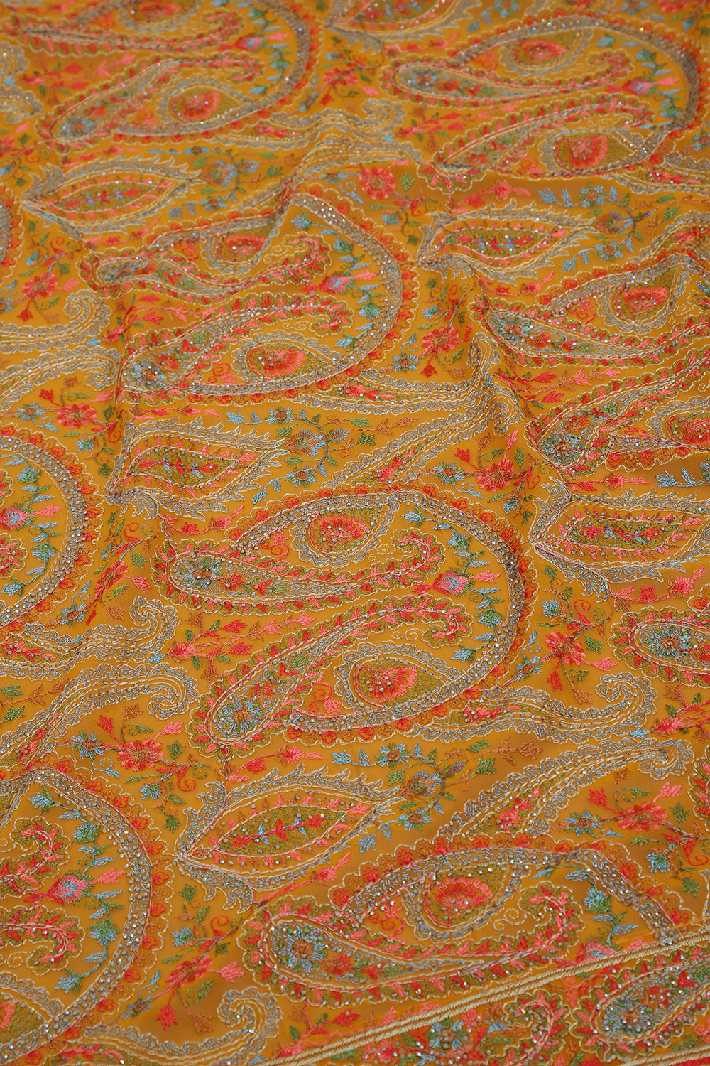 Mustard Georggette Resham Embroidered And Swaroski Work Saree - Image 5