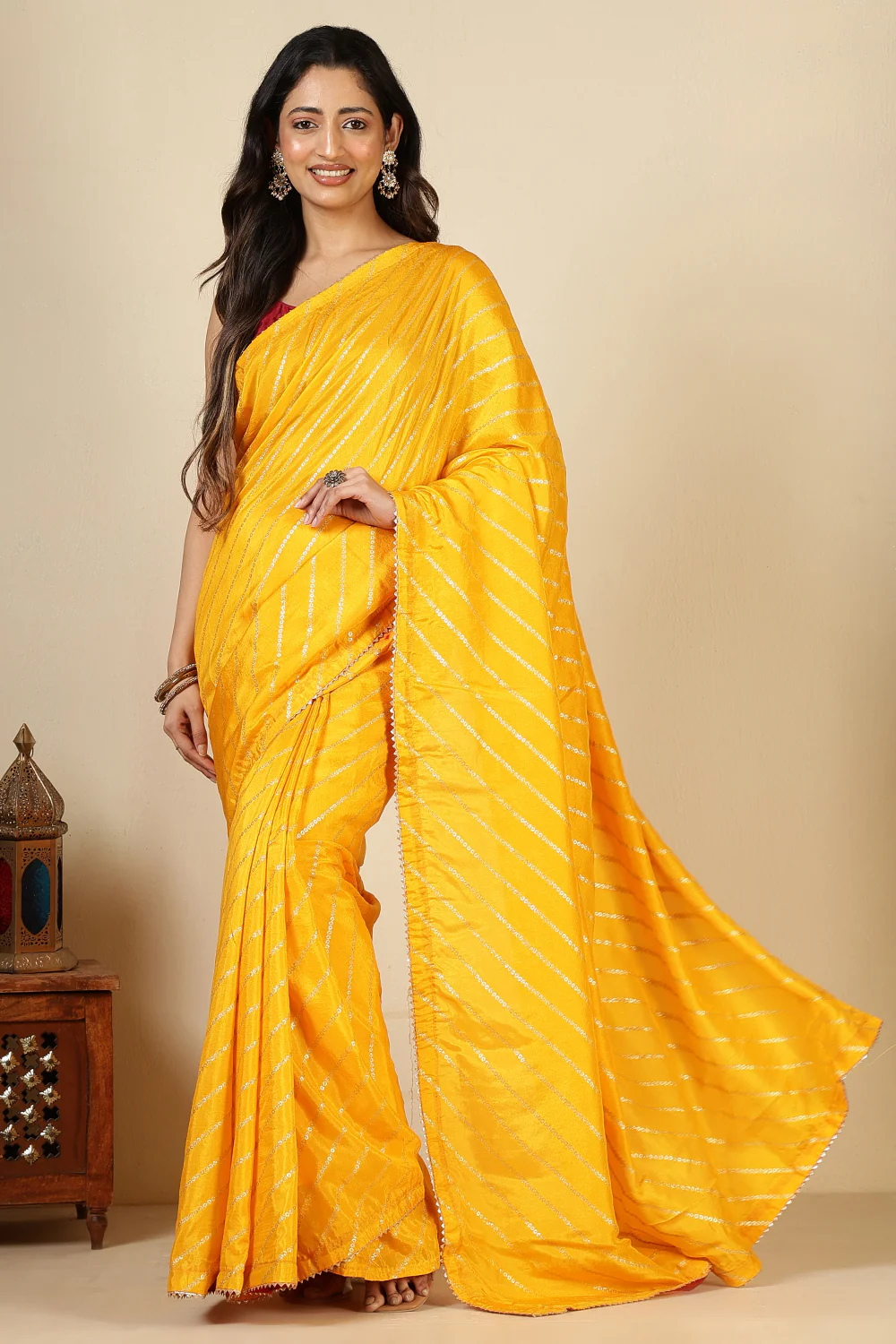 Mustard Modal Silk Saree with Zari Pinstripes - Image 2