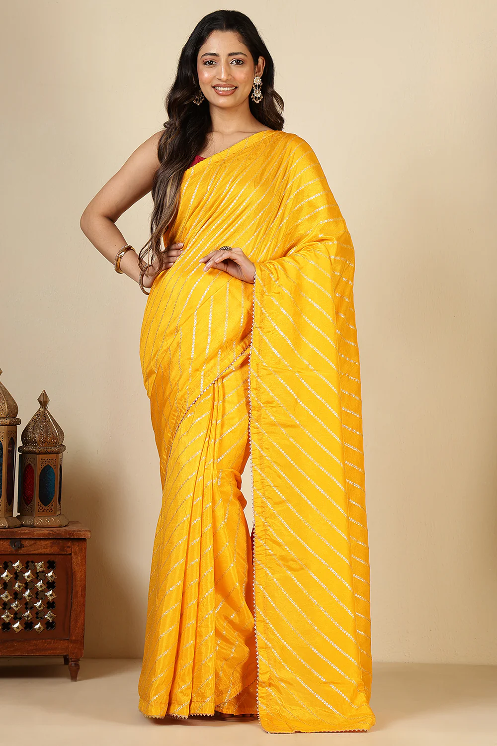 Mustard Modal Silk Saree with Zari Pinstripes - Image 4