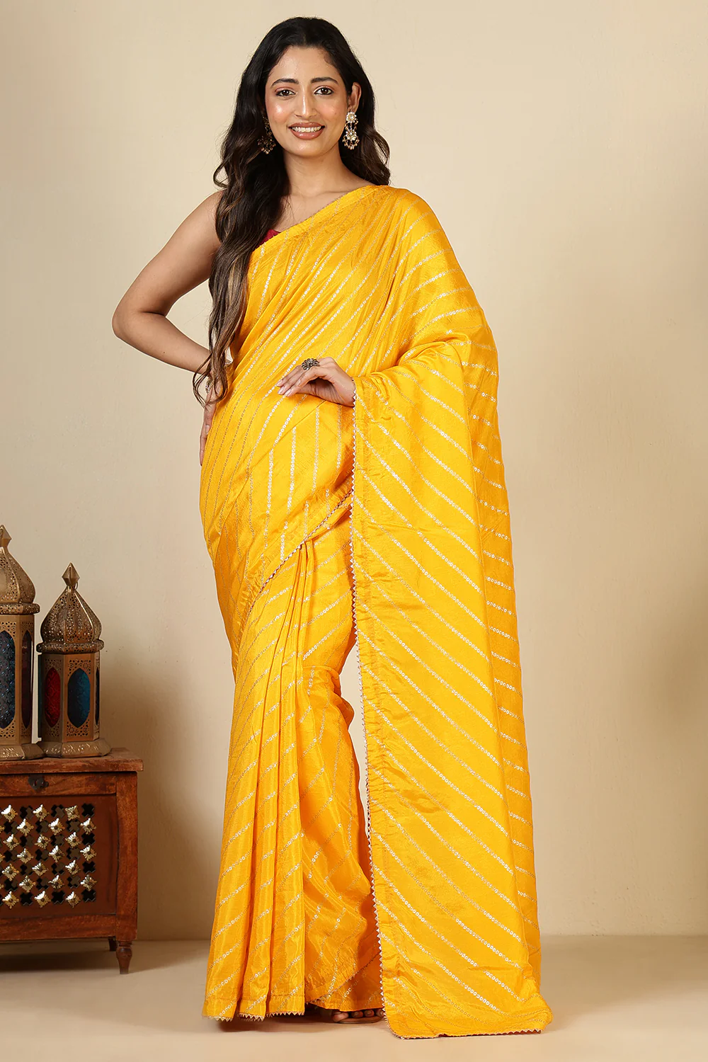 Mustard Modal Silk Saree with Zari Pinstripes - Image 5