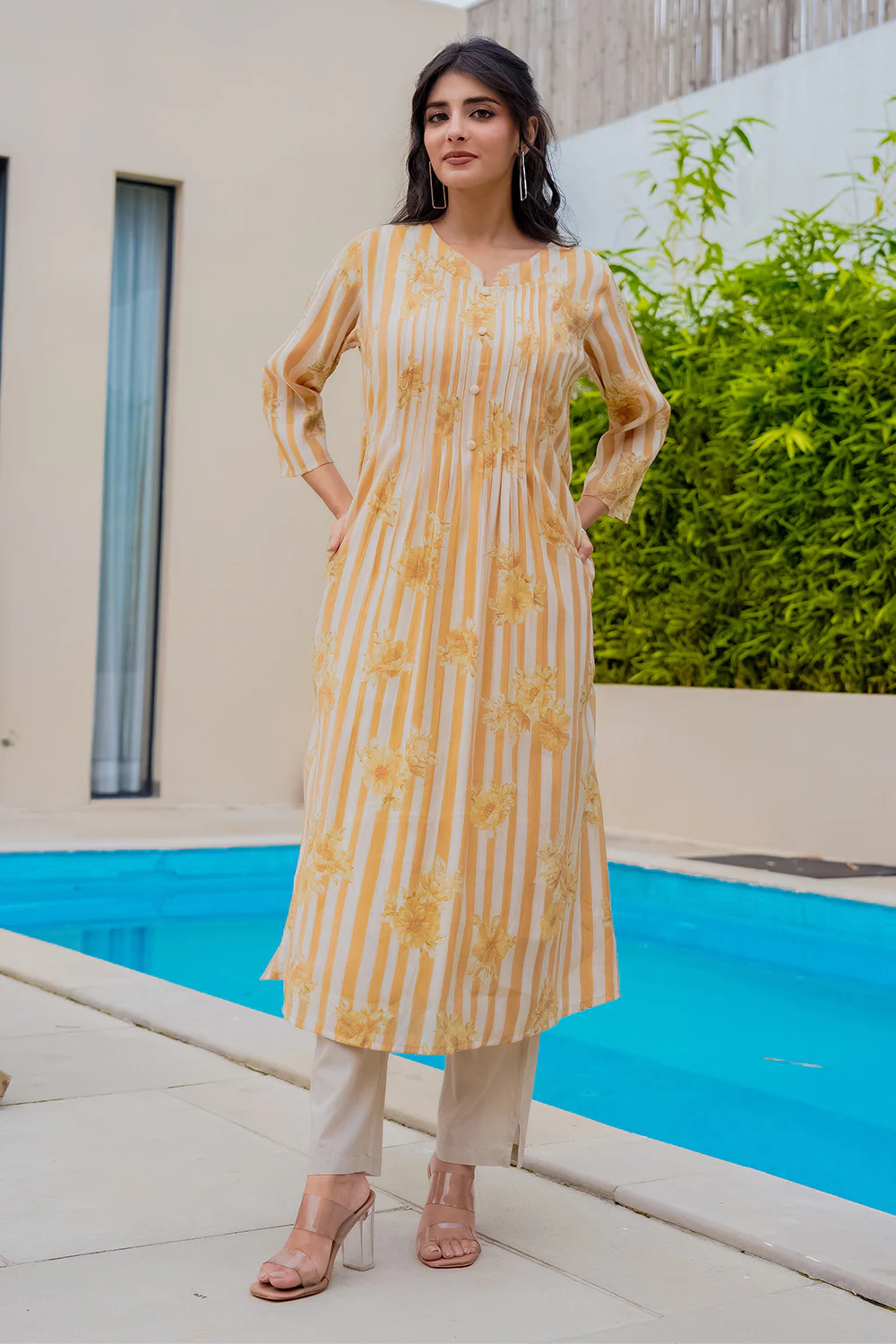 Mustard Muslin Floral Printed Kurta Set - Image 2