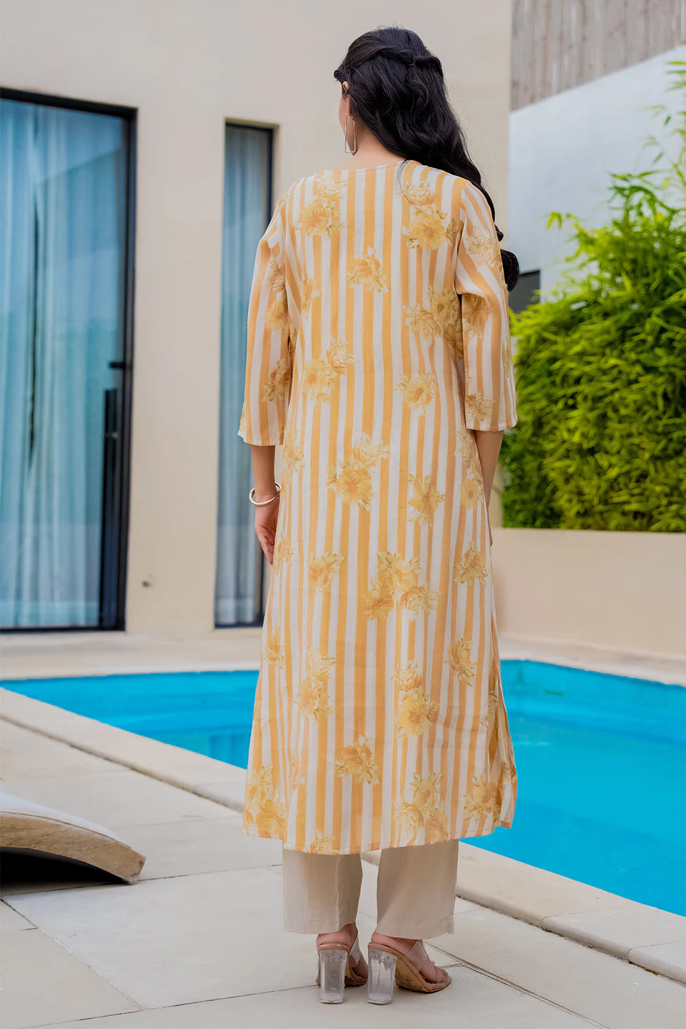 Mustard Muslin Floral Printed Kurta Set - Image 3