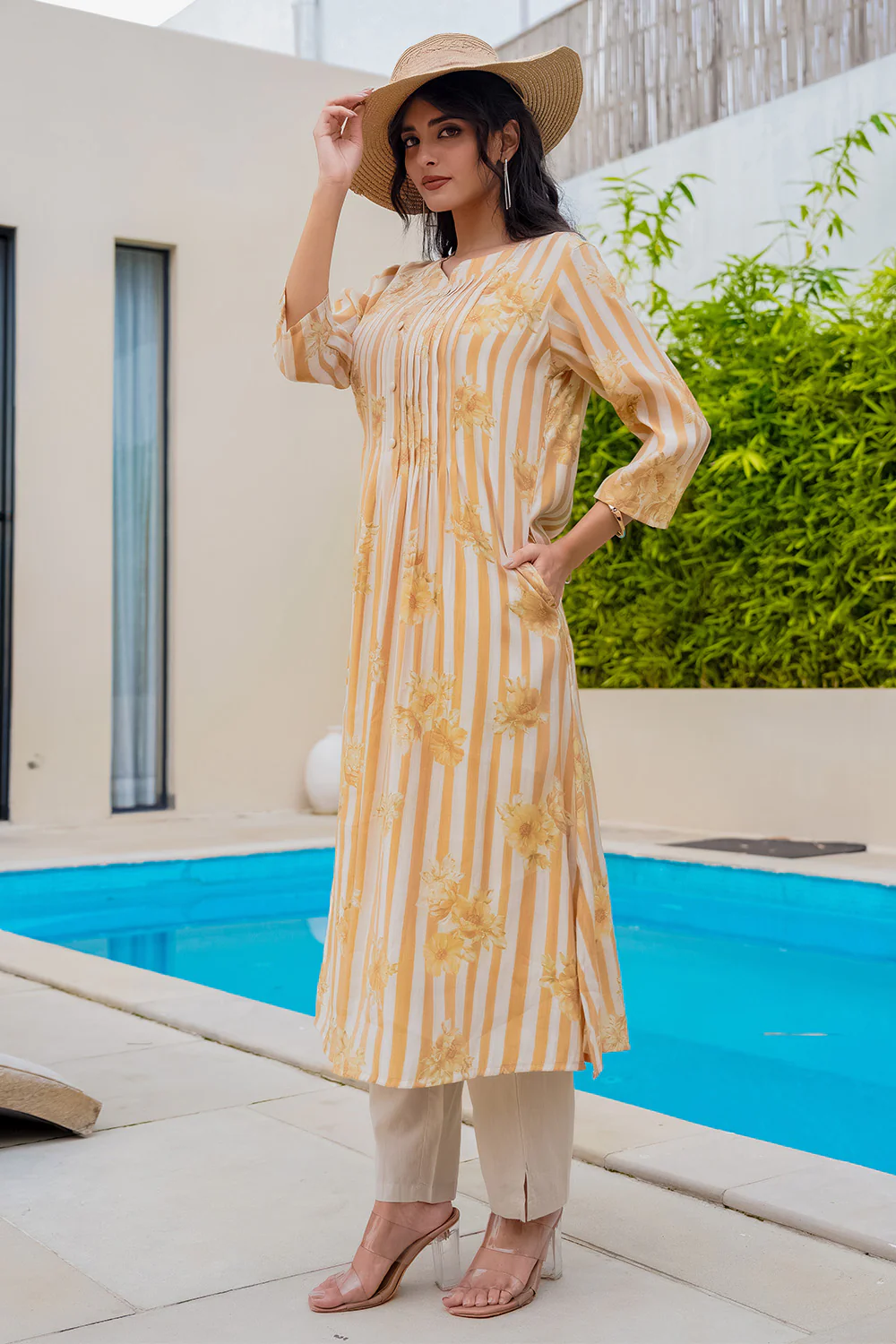 Mustard Muslin Floral Printed Kurta Set - Image 4