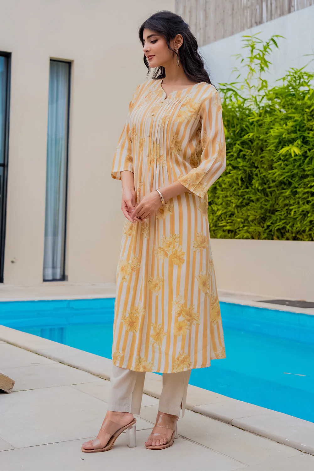 Mustard Muslin Floral Printed Kurta Set - Image 6