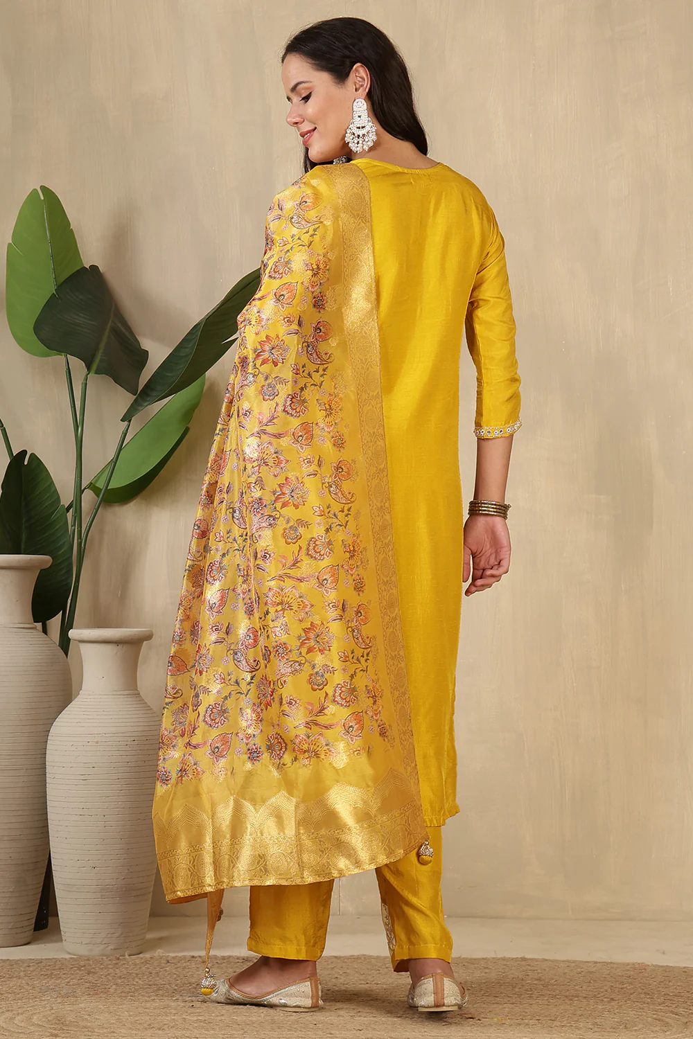 Mustard Neck Embroidered Silk Suit - Image 3