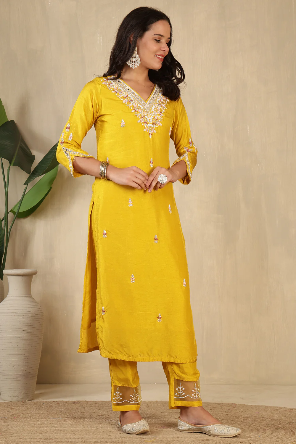 Mustard Neck Embroidered Silk Suit - Image 4