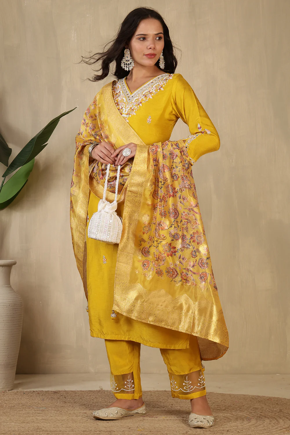 Mustard Neck Embroidered Silk Suit - Image 5