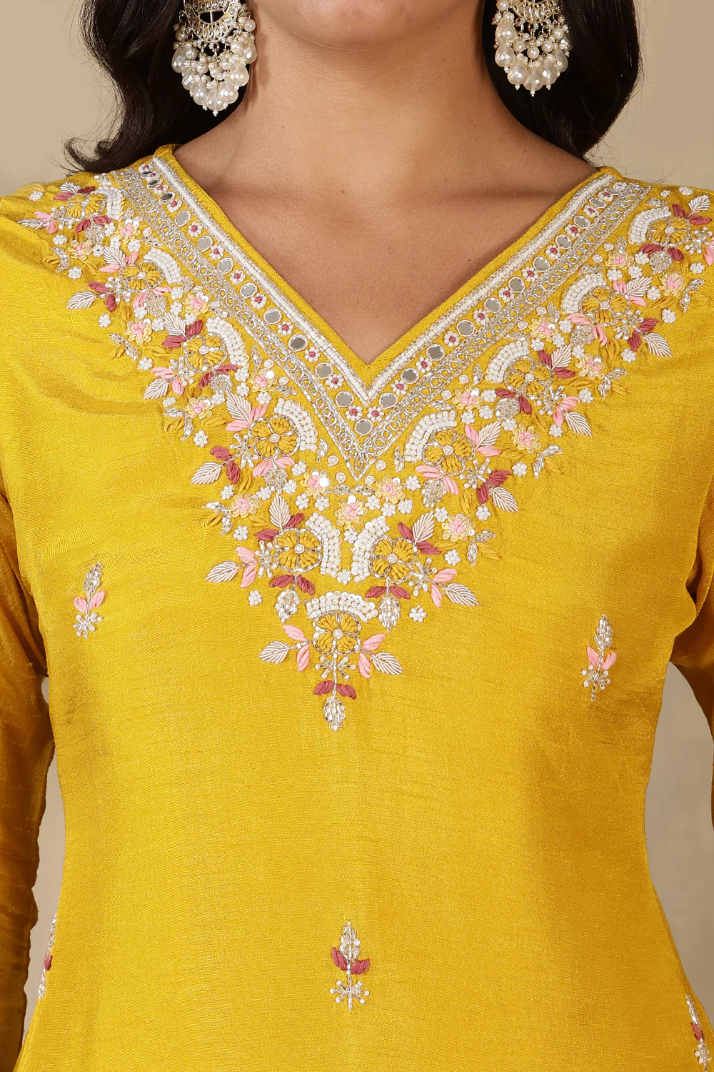 Mustard Neck Embroidered Silk Suit - Image 6