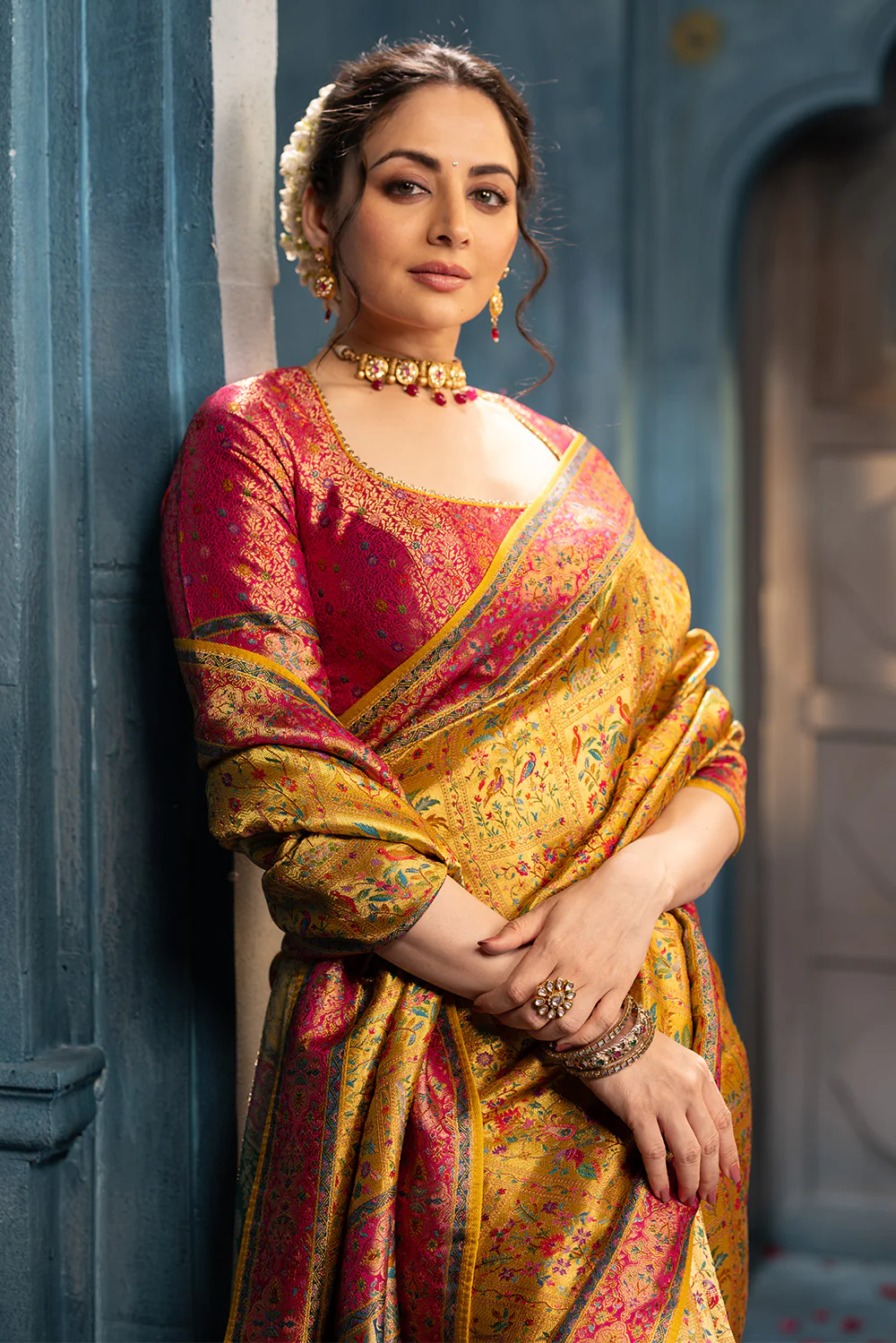 Mustard Position Print Woven Silk Saree - Image 7