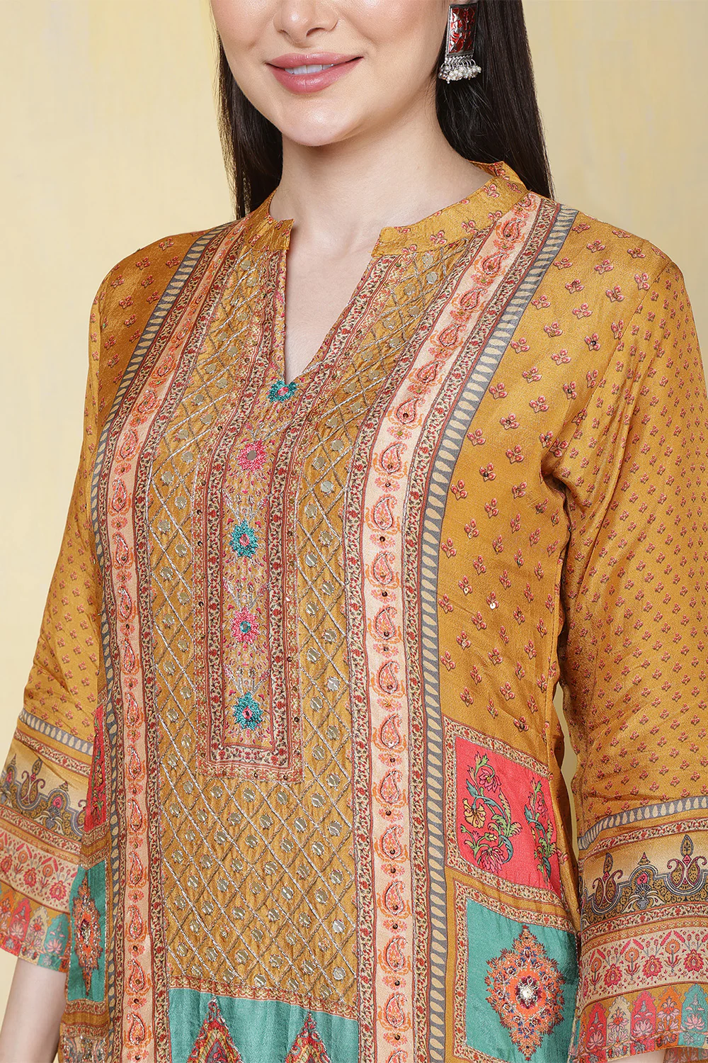 Mustard Printed Muslin Straight Suit - Image 3