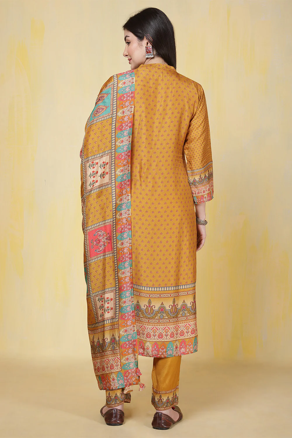 Mustard Printed Muslin Straight Suit - Image 4