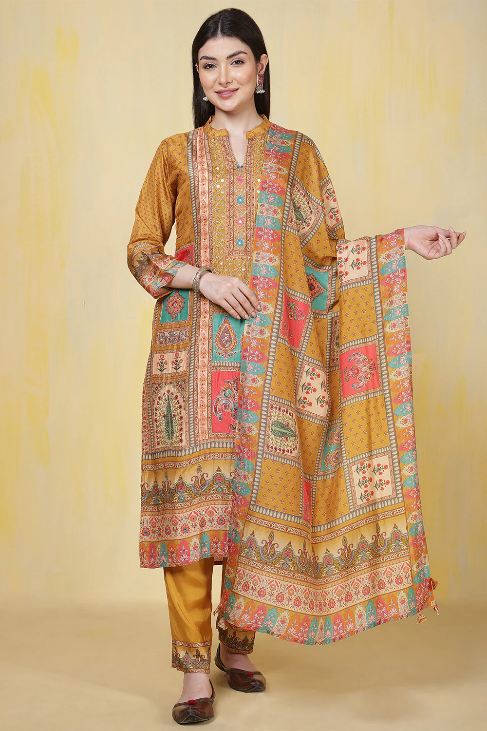 Mustard Printed Muslin Straight Suit - Image 7