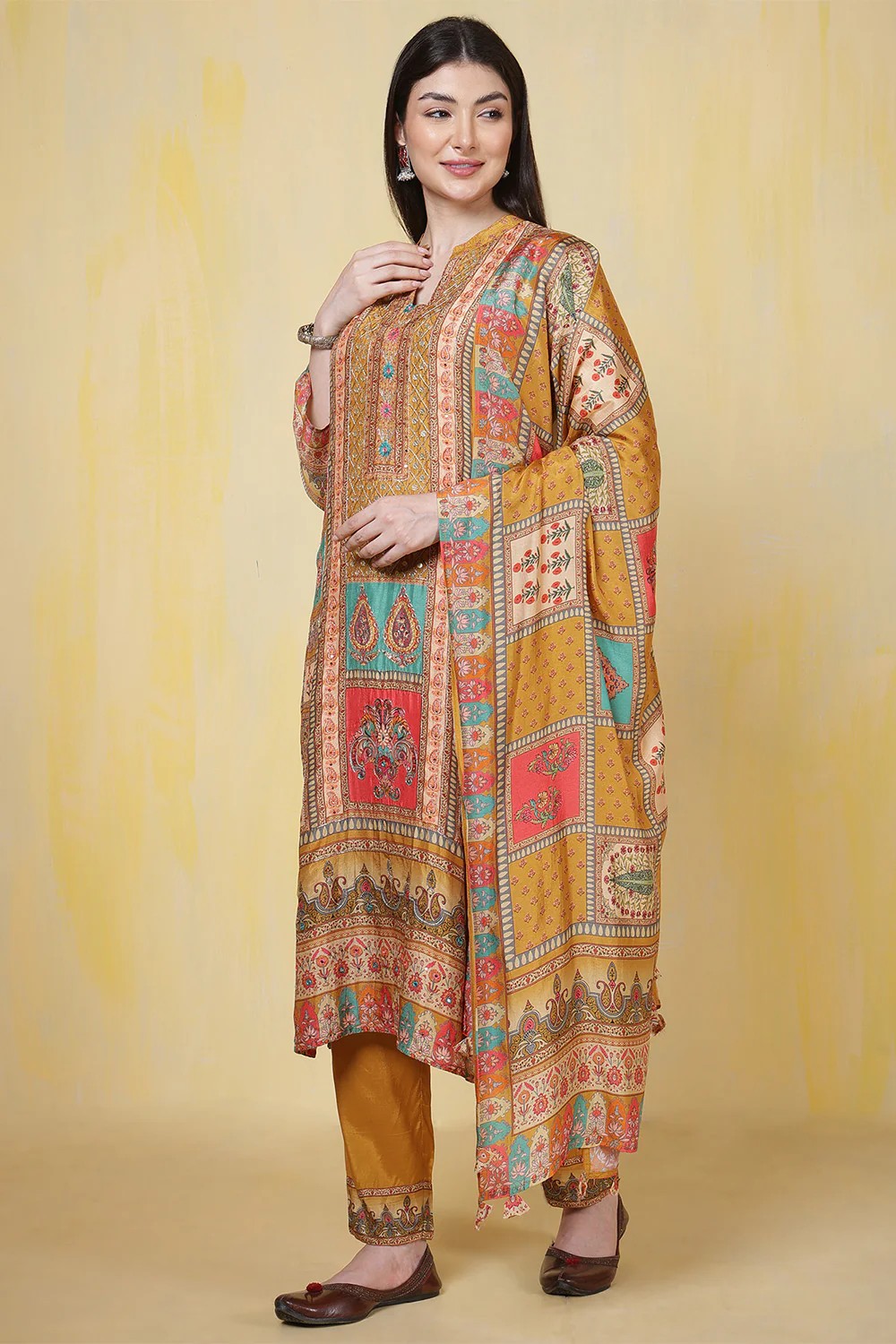Mustard Printed Muslin Straight Suit - Image 8