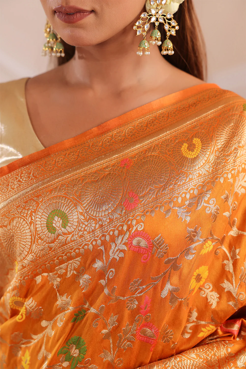 Mustard Resham & Zari Floral Woven Silk Saree - Image 10