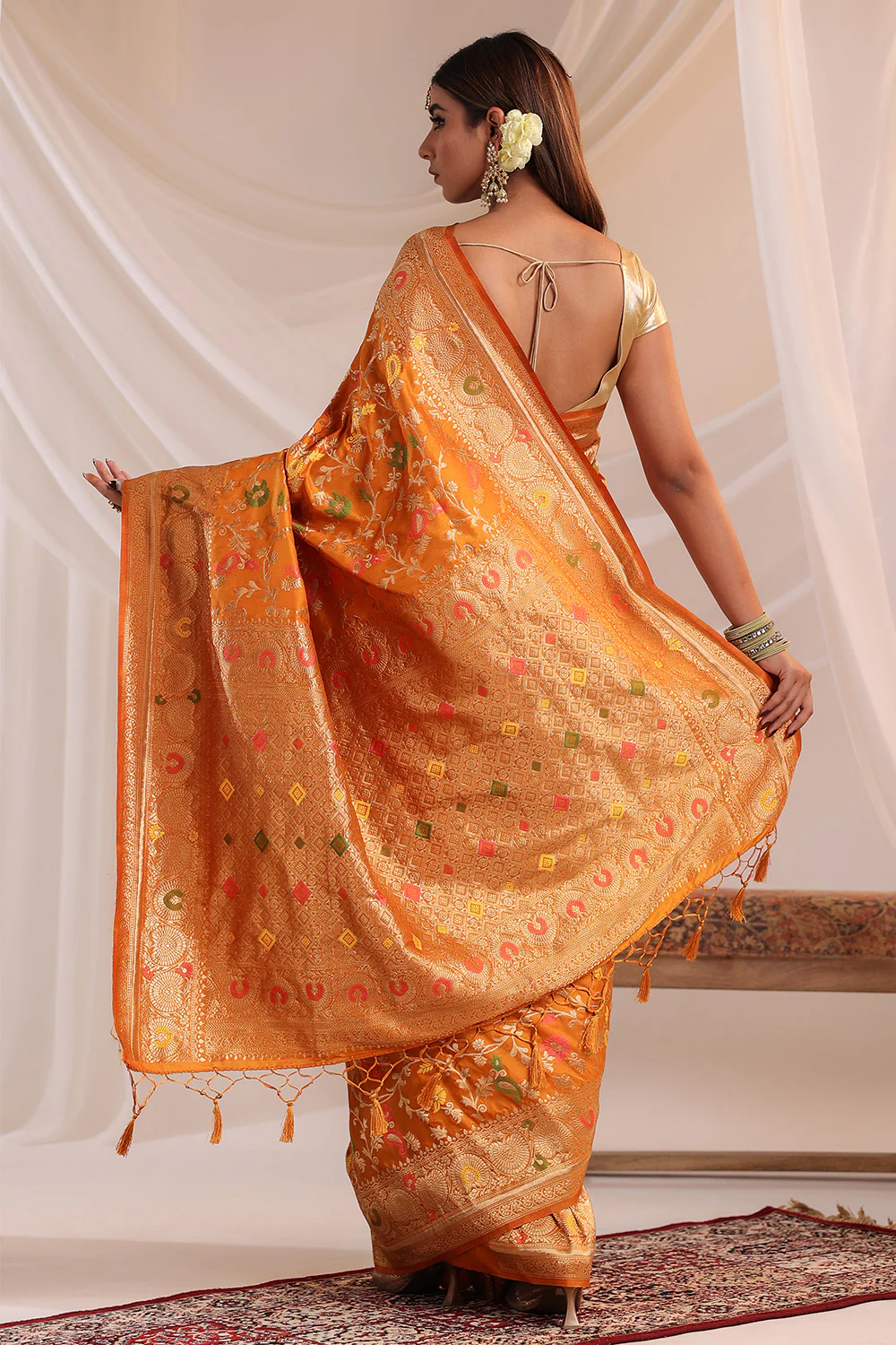 Mustard Resham & Zari Floral Woven Silk Saree - Image 3