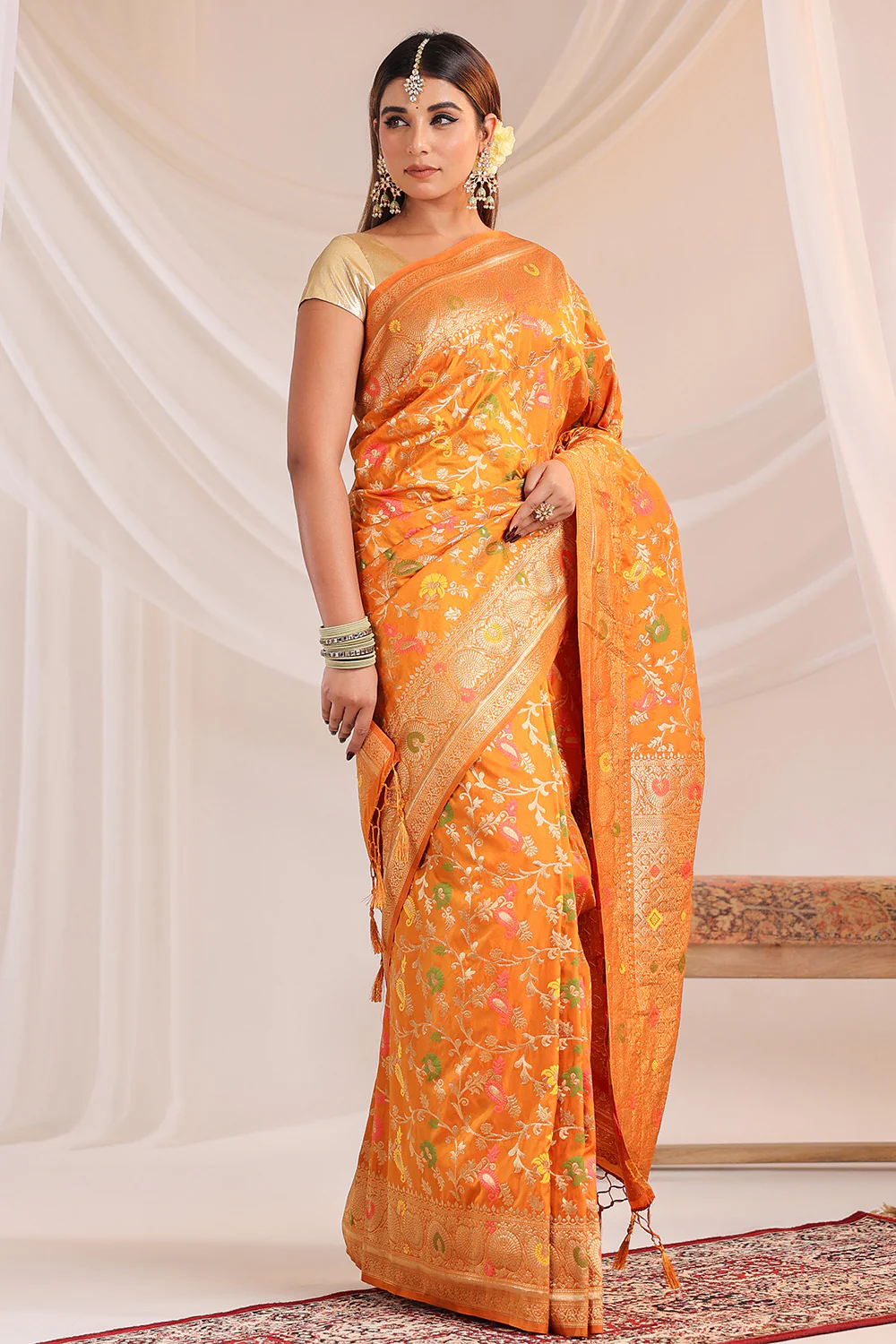 Mustard Resham & Zari Floral Woven Silk Saree - Image 4
