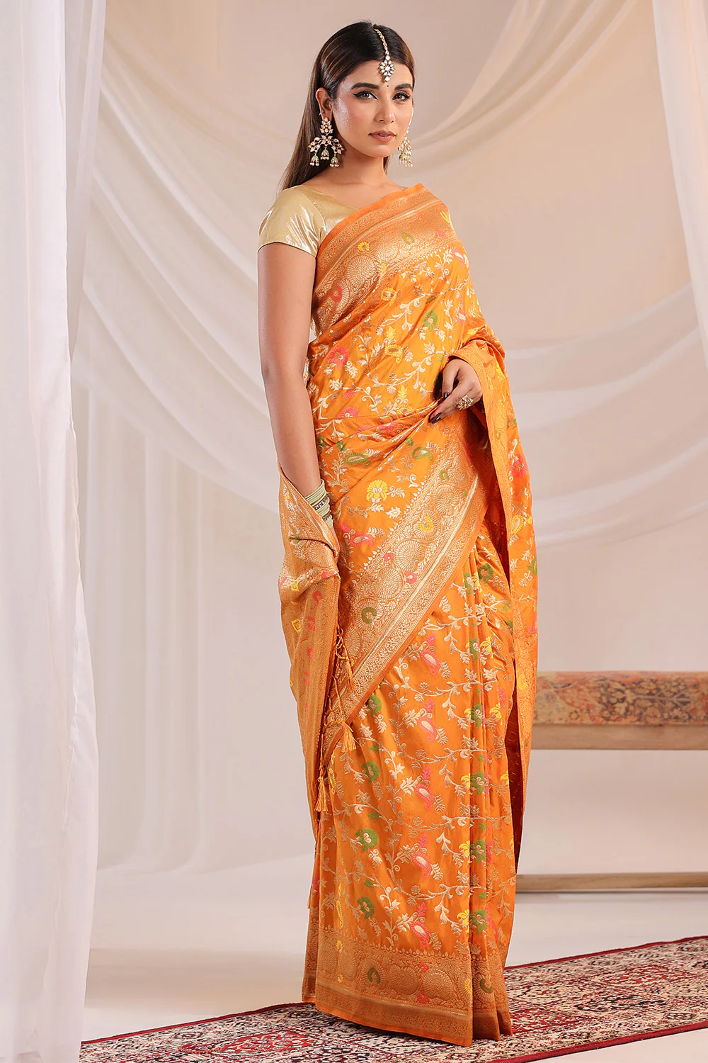 Mustard Resham & Zari Floral Woven Silk Saree - Image 7