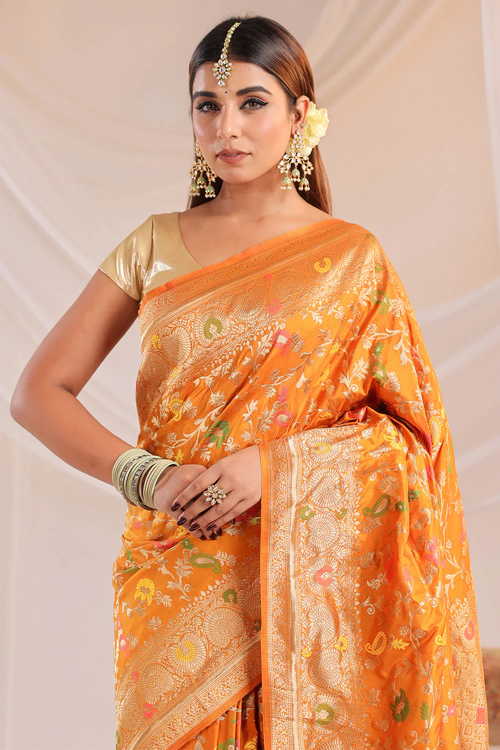 Mustard Resham & Zari Floral Woven Silk Saree - Image 9