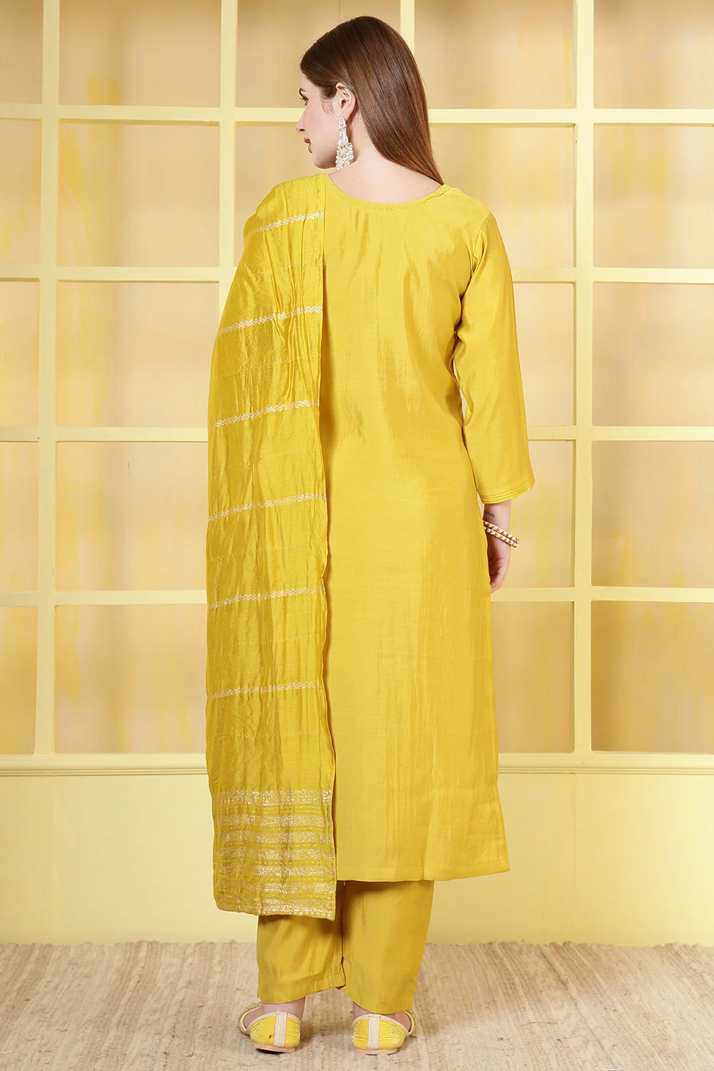 Mustard Silk Cut-Dana And Pearl Embroidered Suits - Image 3