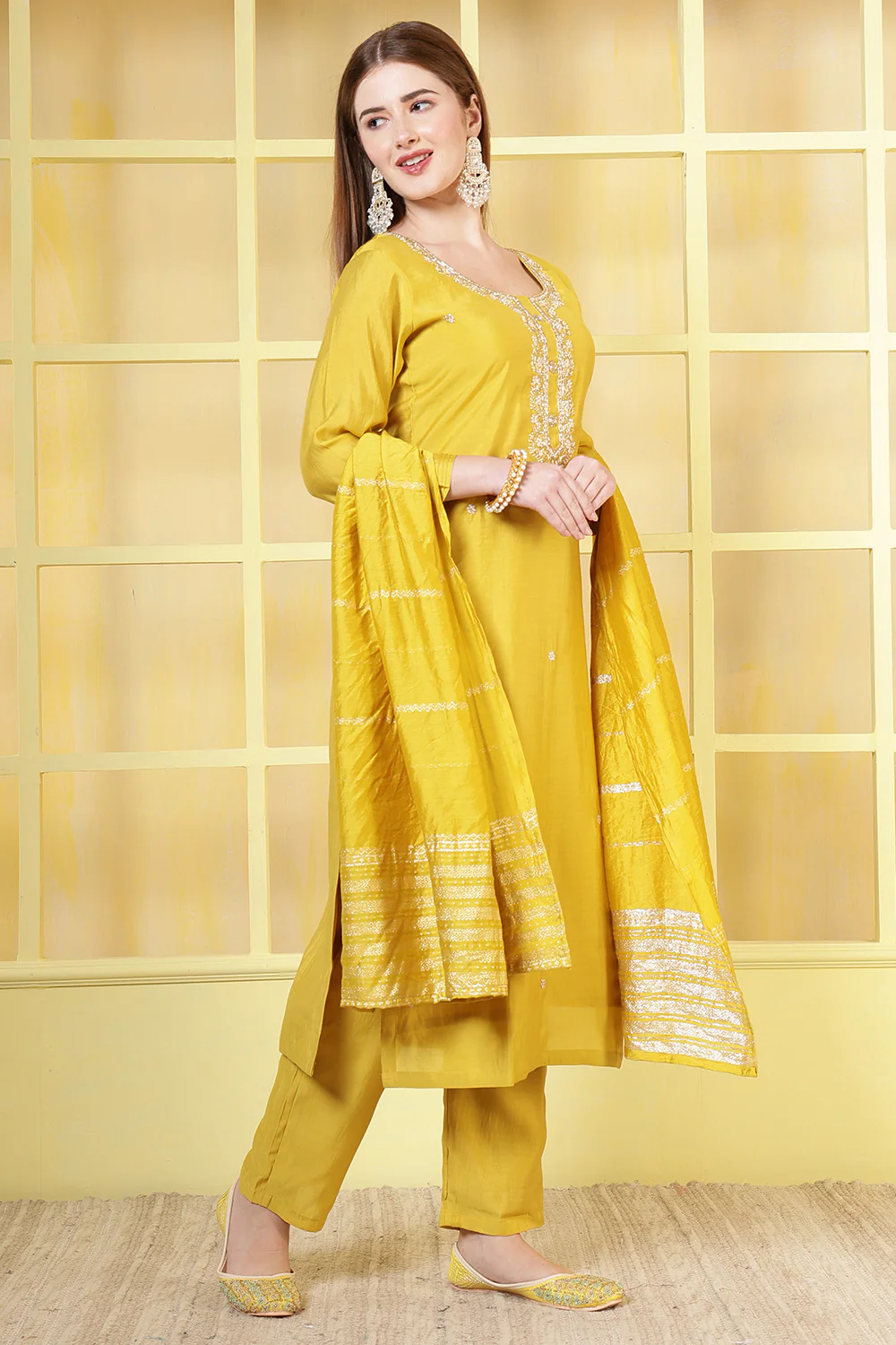Mustard Silk Cut-Dana And Pearl Embroidered Suits - Image 4