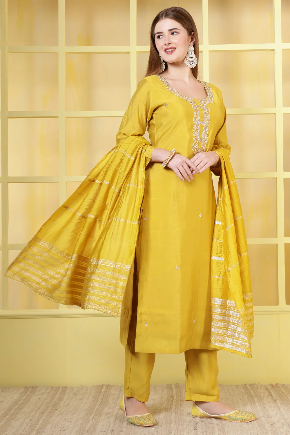 Mustard Silk Cut-Dana And Pearl Embroidered Suits - Image 5