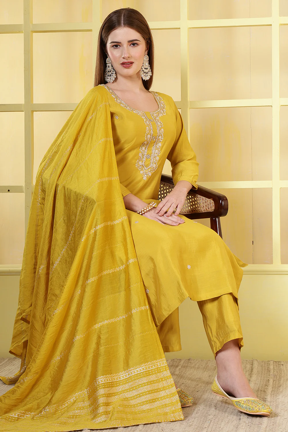 Mustard Silk Cut-Dana And Pearl Embroidered Suits - Image 6