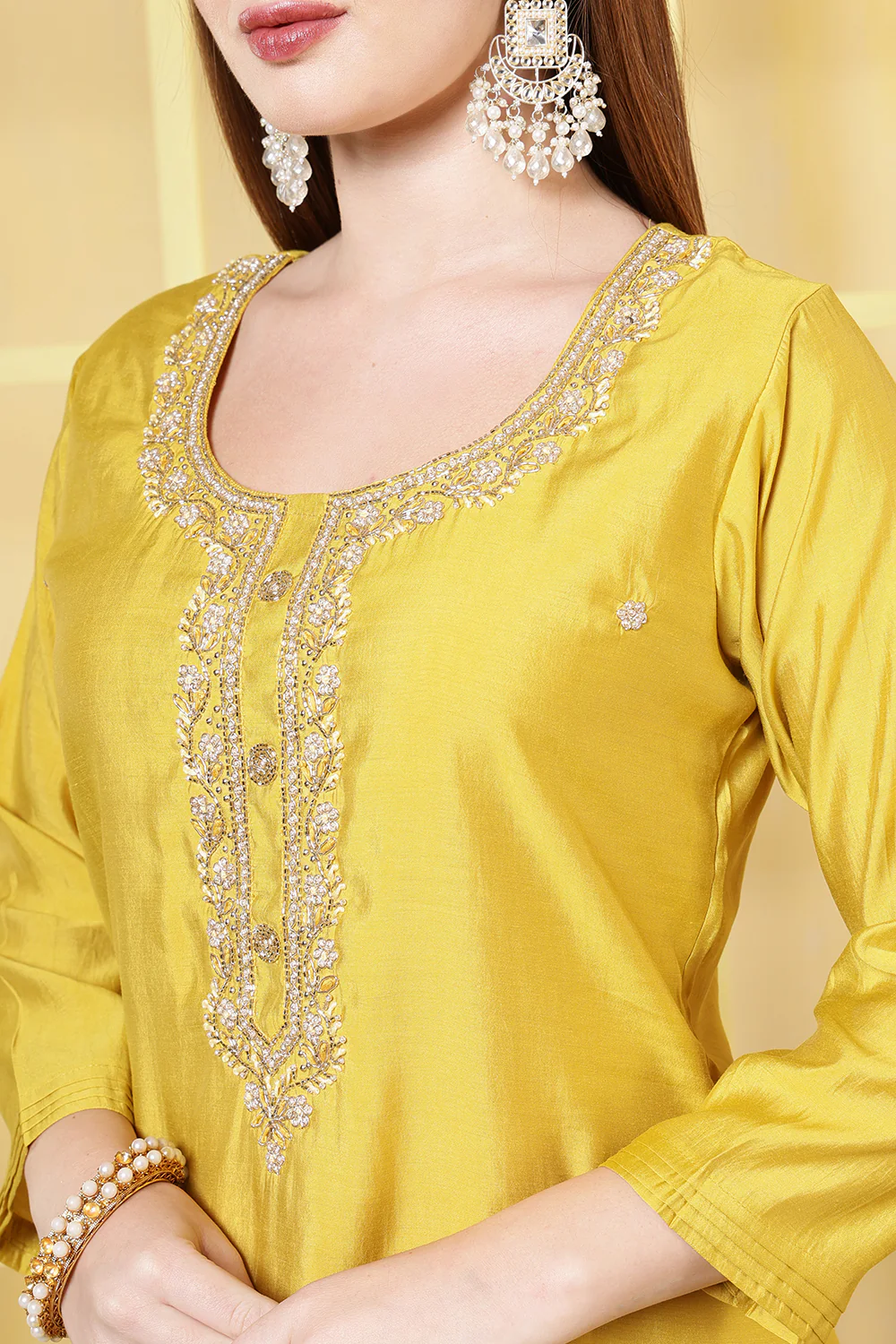 Mustard Silk Cut-Dana And Pearl Embroidered Suits - Image 7