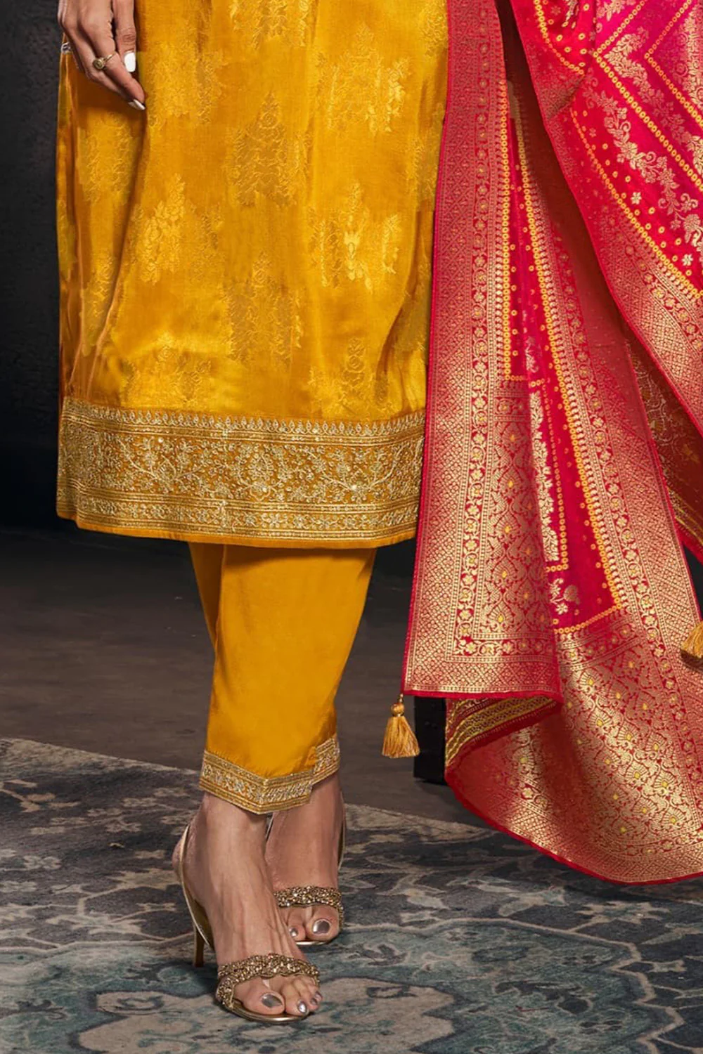 Mustard Silk Embroidered & Woven Suit Set - Image 3