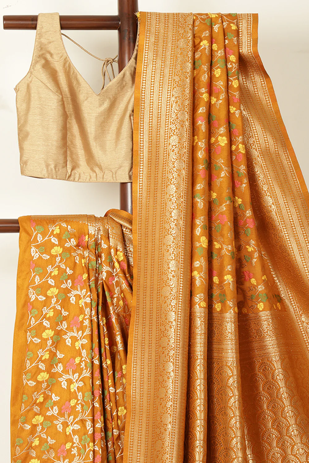 Mustard Silk Zari & Resham Woven Saree - Image 4