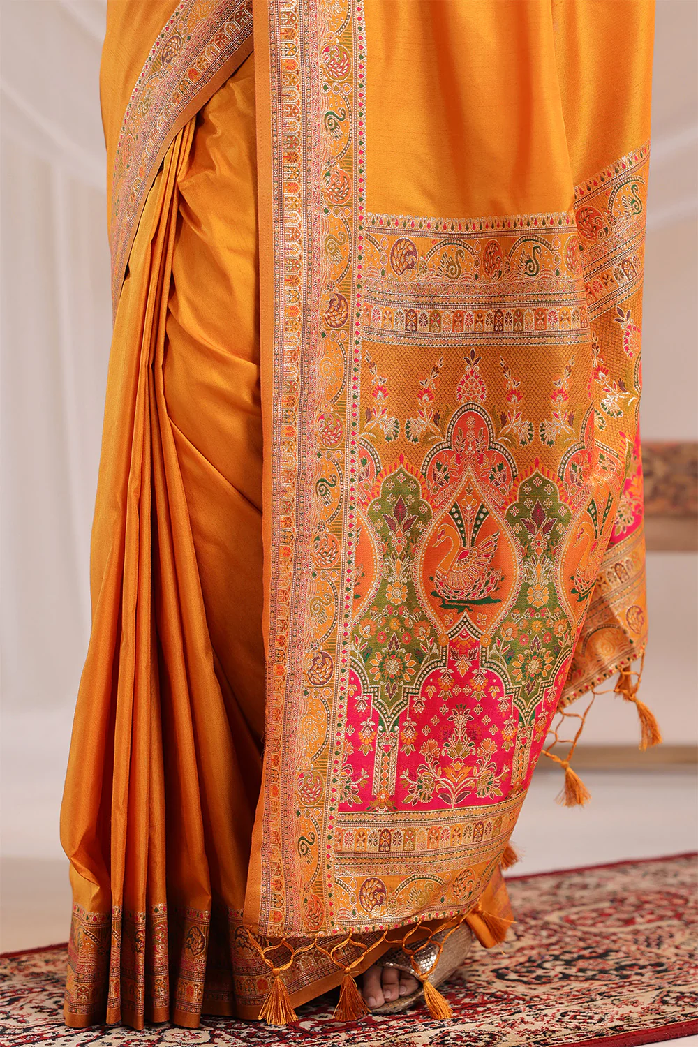 Mustard Soft Silk Kalamkari Woven Saree - Image 12