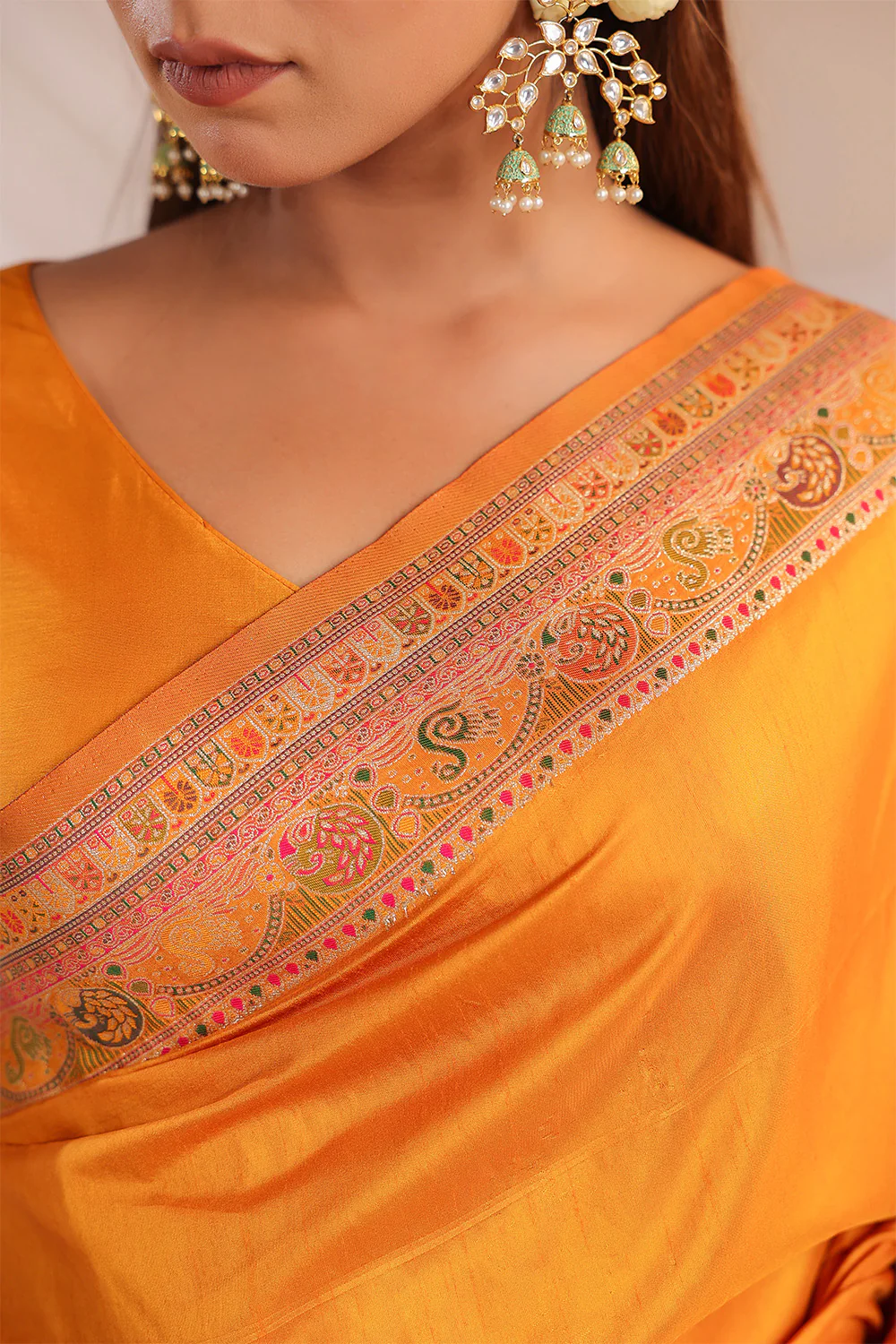 Mustard Soft Silk Kalamkari Woven Saree - Image 13