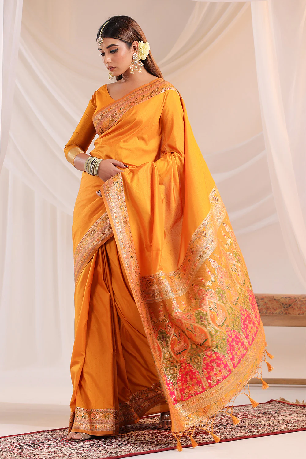 Mustard Soft Silk Kalamkari Woven Saree - Image 2