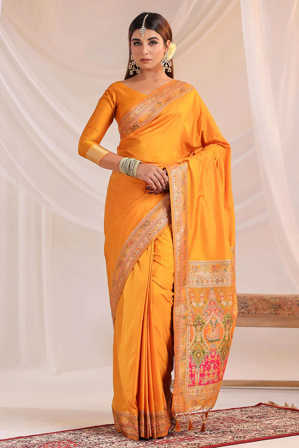 Mustard Soft Silk Kalamkari Woven Saree - Image 4