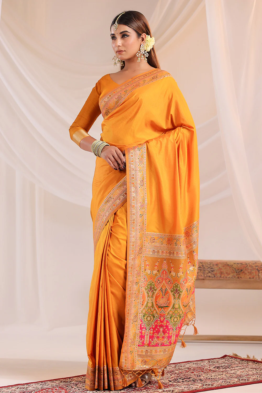 Mustard Soft Silk Kalamkari Woven Saree - Image 5