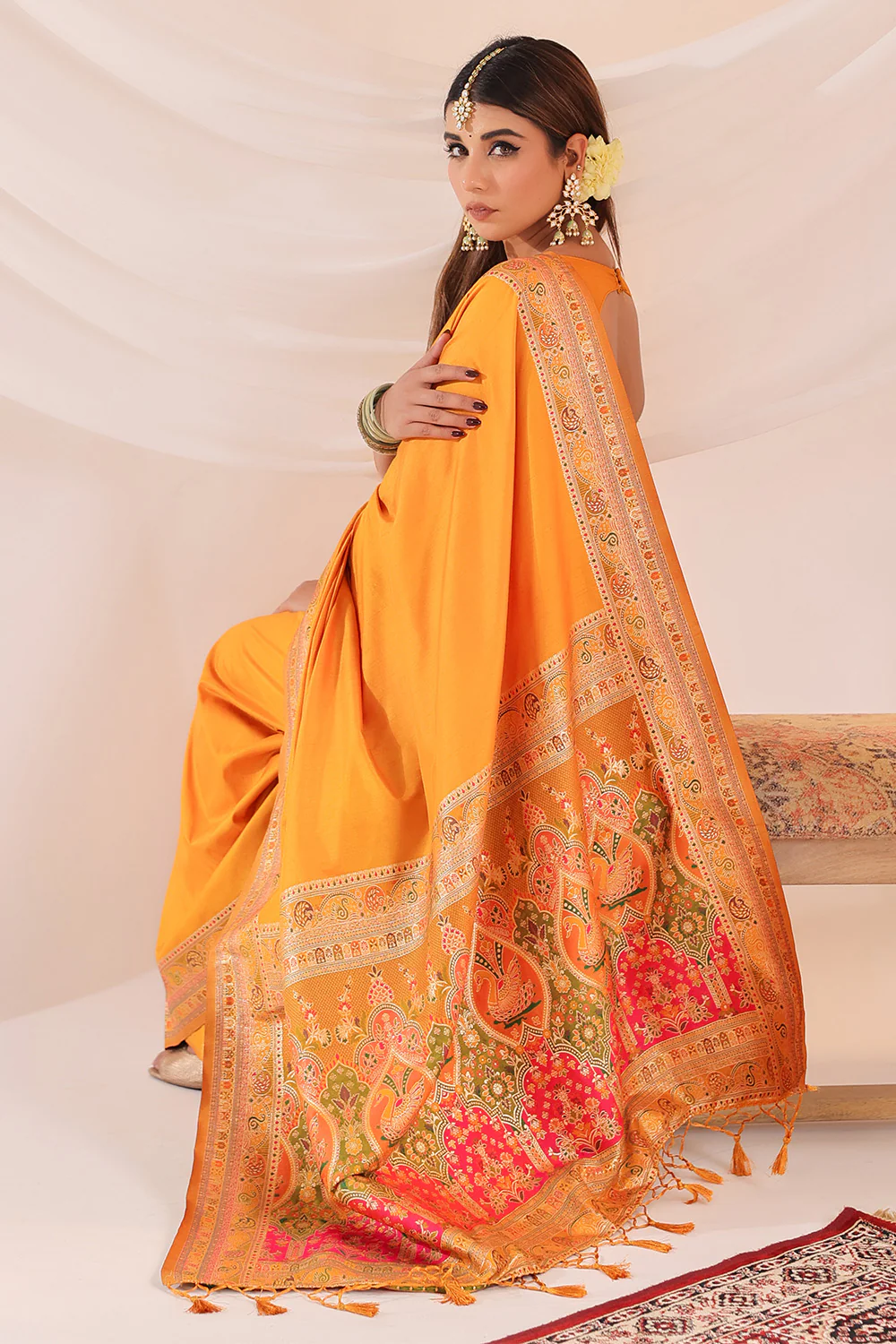 Mustard Soft Silk Kalamkari Woven Saree - Image 7