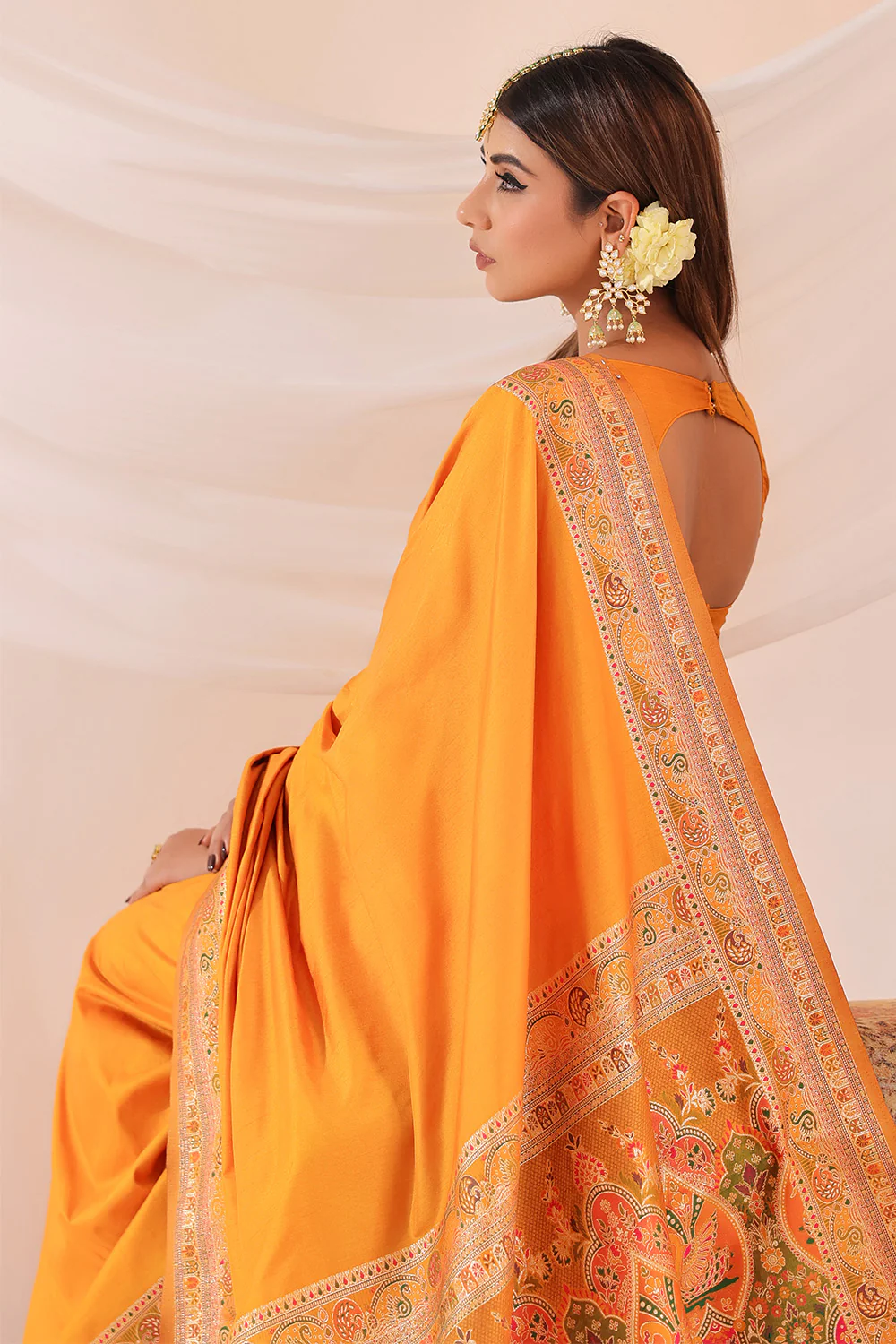 Mustard Soft Silk Kalamkari Woven Saree - Image 8