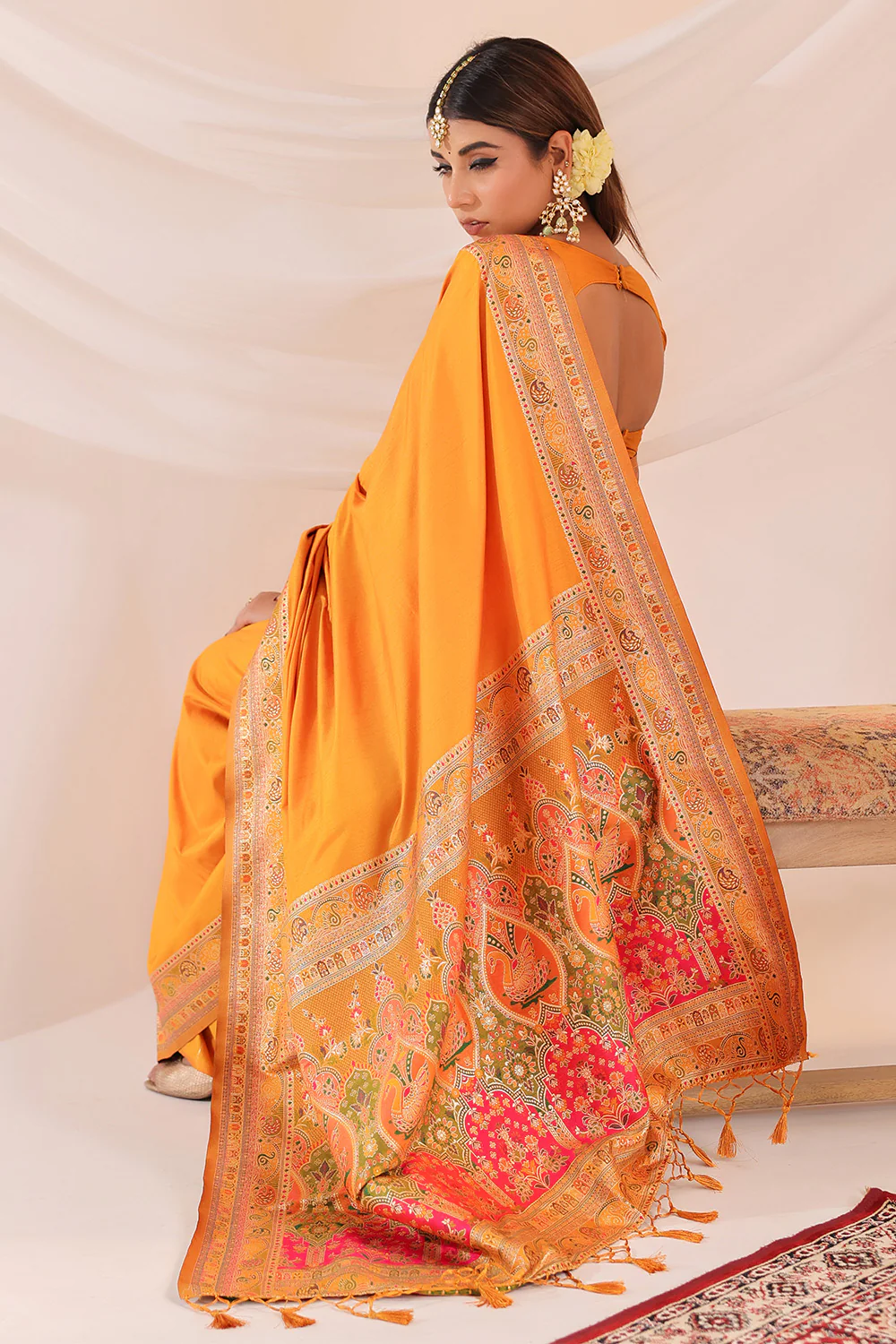 Mustard Soft Silk Kalamkari Woven Saree - Image 9