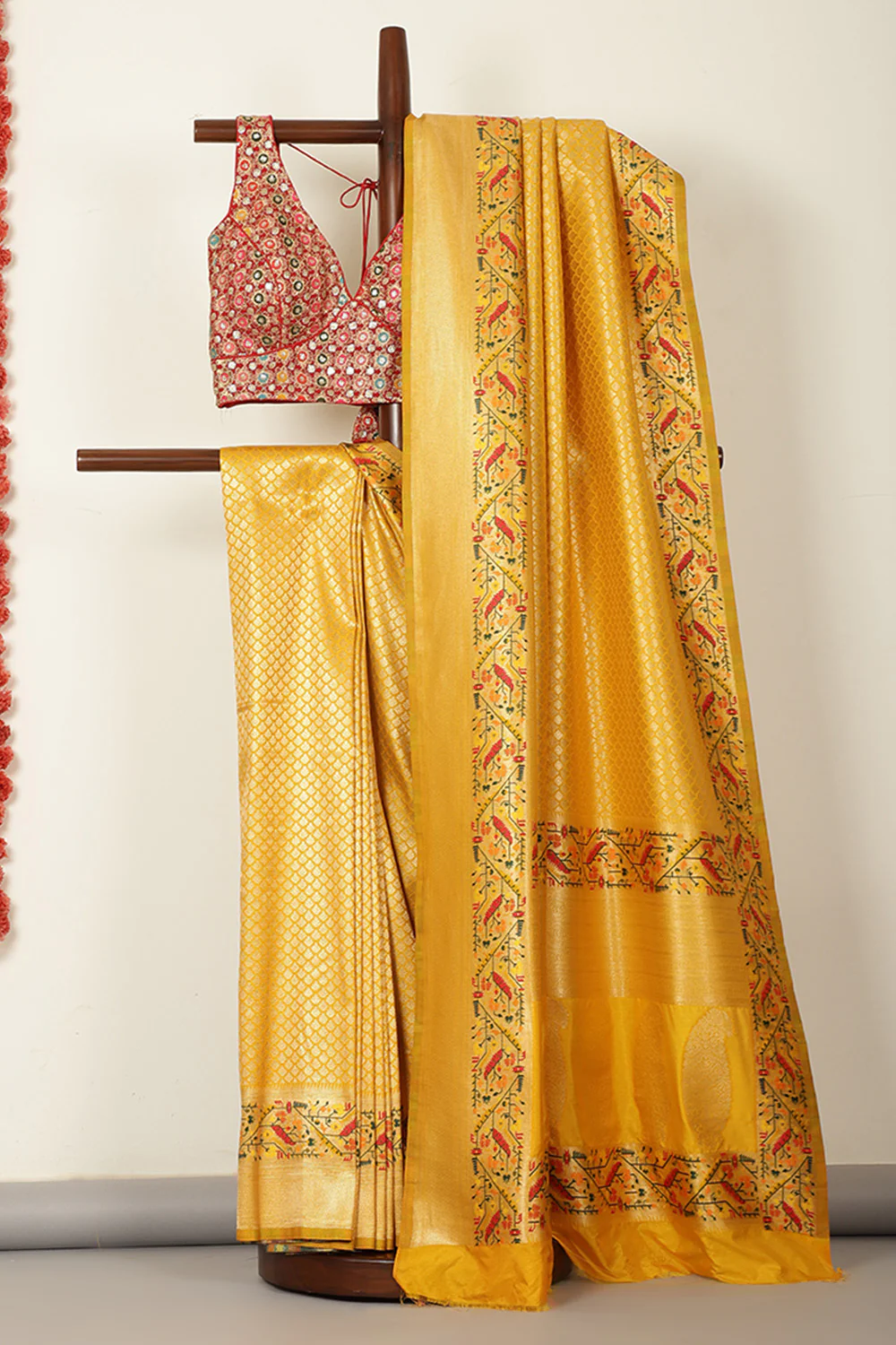 Mustard Soft Silk Zari and Resham woven Paithani Work Saree - Image 2