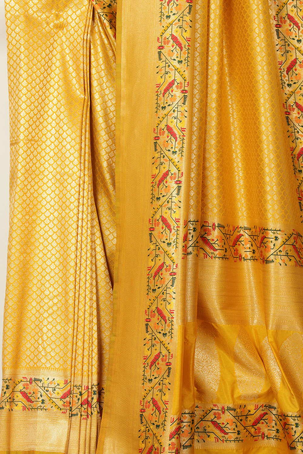 Mustard Soft Silk Zari and Resham woven Paithani Work Saree - Image 3