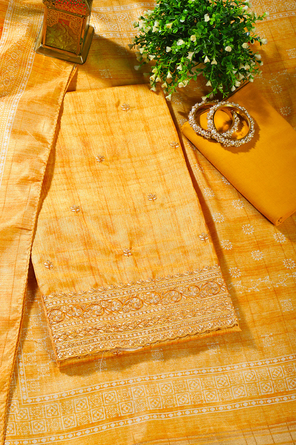 Mustard Tussar Silk Embroidered Unstitched Suit Material - Image 3
