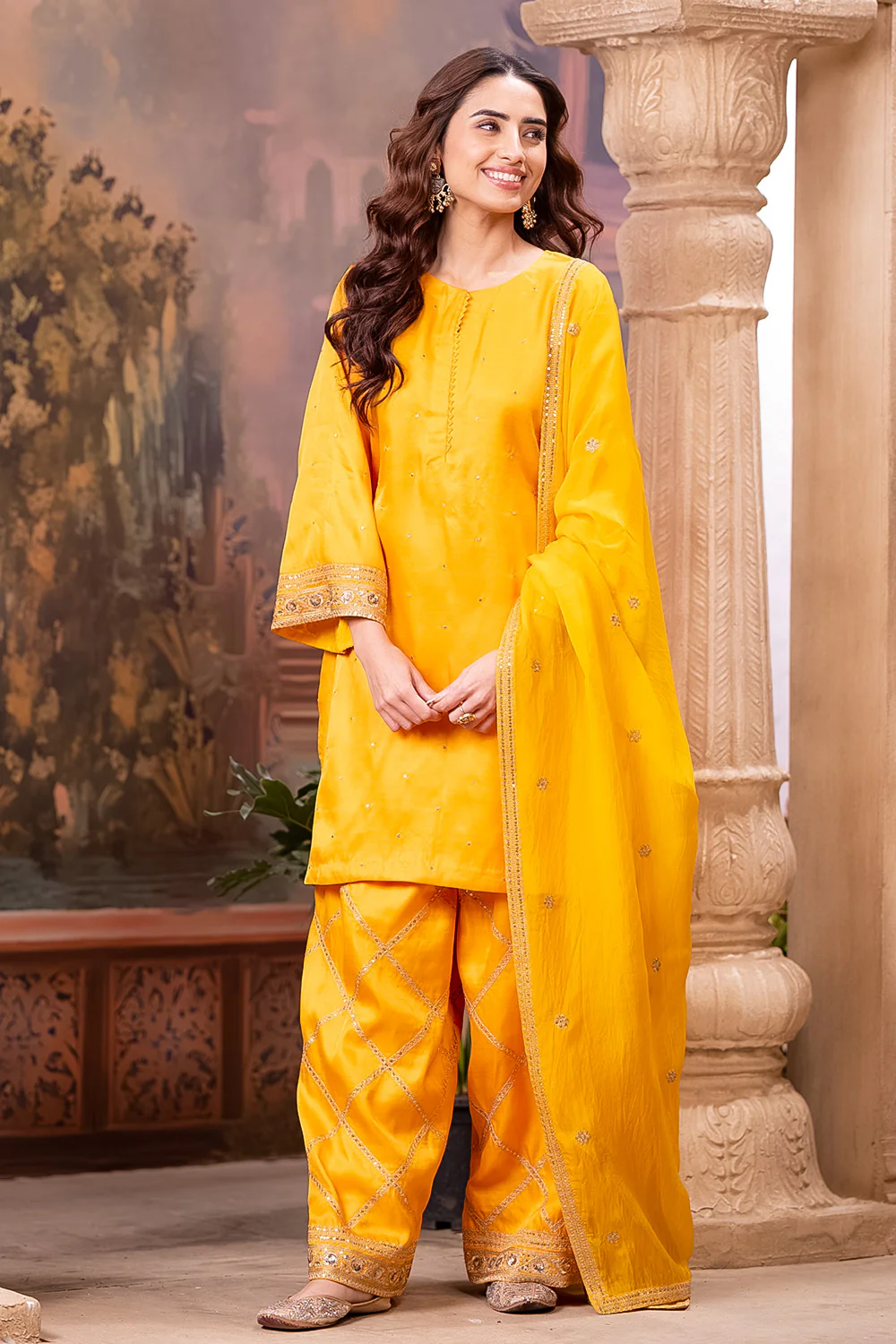 Mustard Zari And Sequins Embroidered Suits With Embroidered Pallazo - Image 2