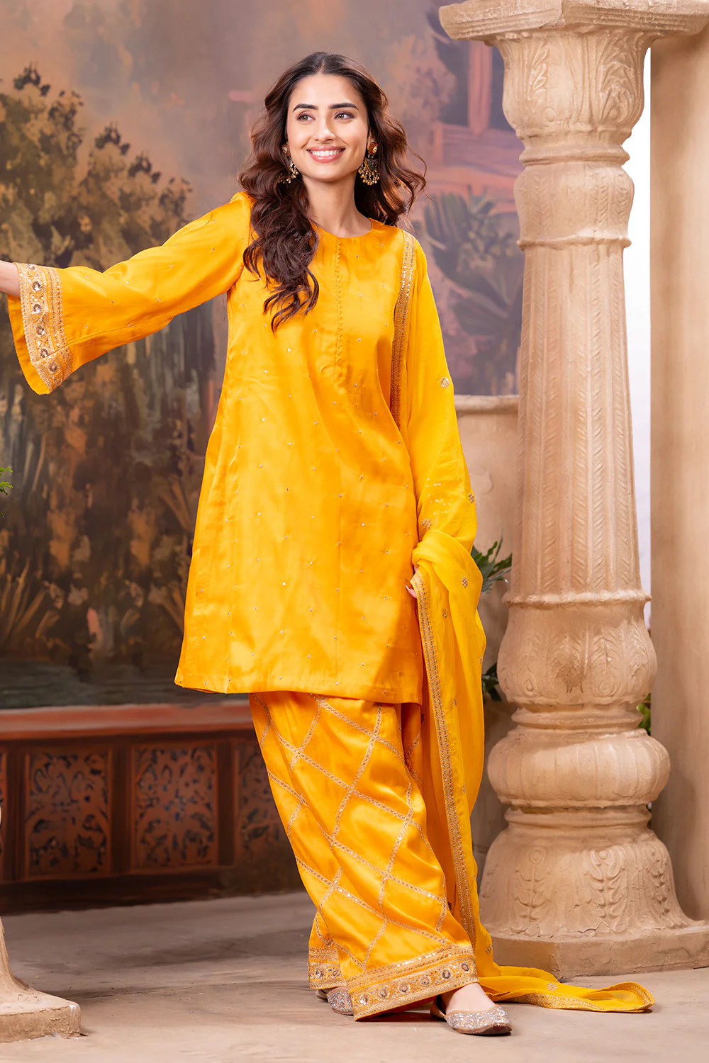 Mustard Zari And Sequins Embroidered Suits With Embroidered Pallazo - Image 3