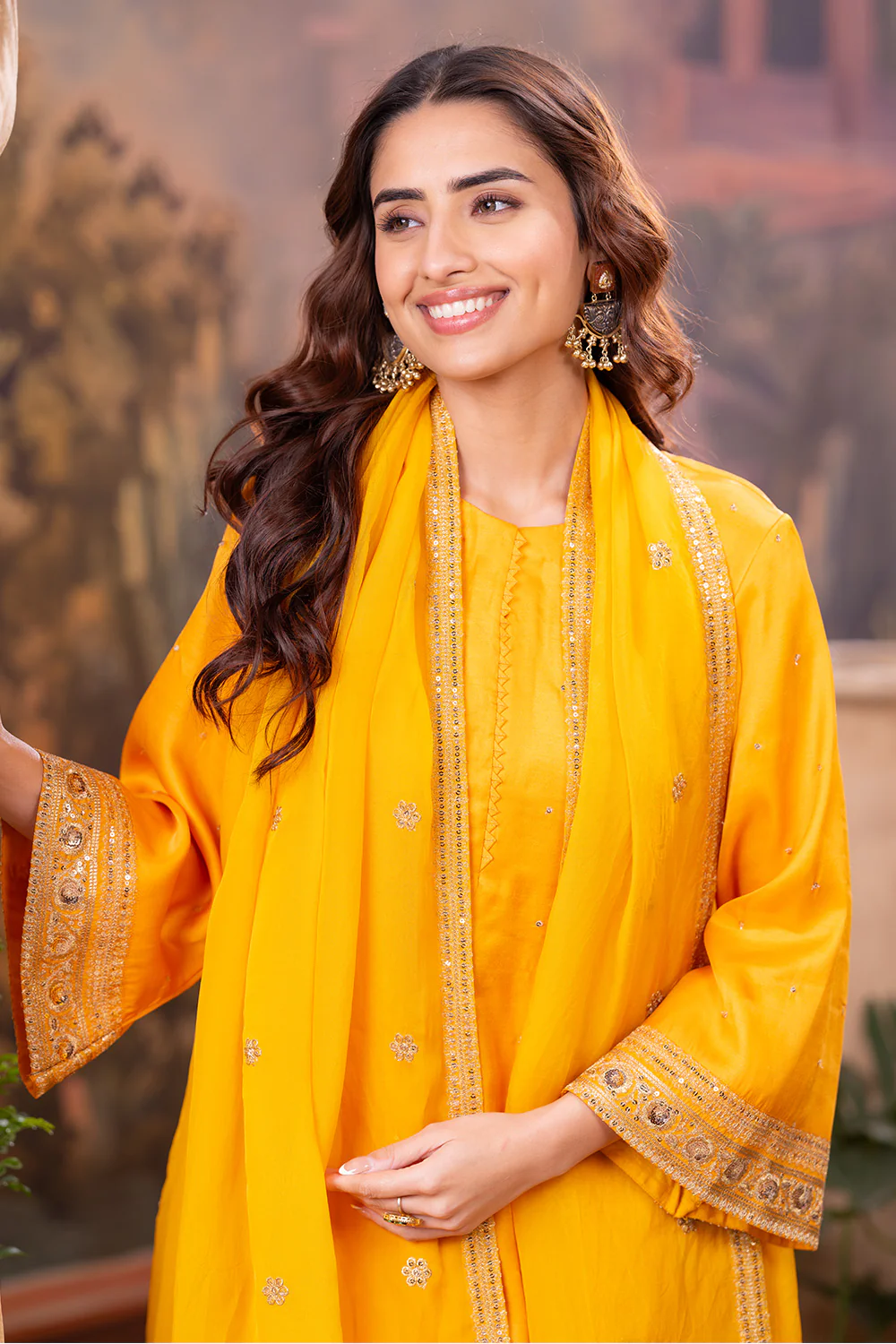 Mustard Zari And Sequins Embroidered Suits With Embroidered Pallazo - Image 4