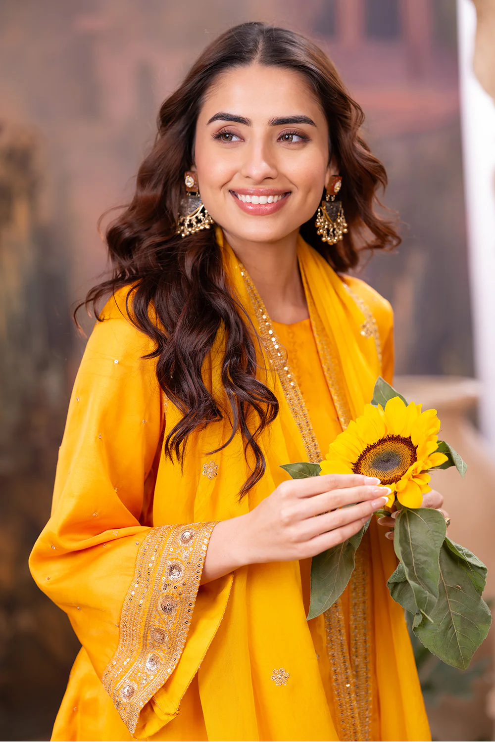 Mustard Zari And Sequins Embroidered Suits With Embroidered Pallazo - Image 5