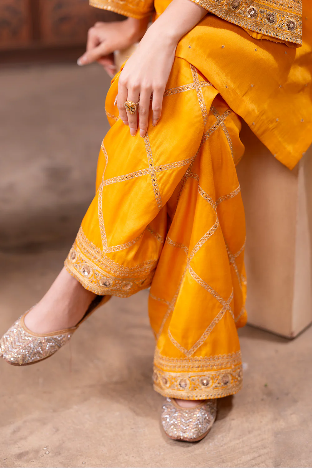 Mustard Zari And Sequins Embroidered Suits With Embroidered Pallazo - Image 7