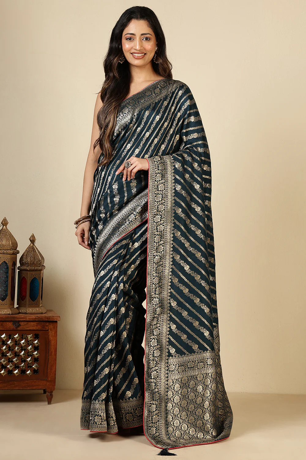 Navy Banarasi Woven Tussar Silk Saree - Image 2